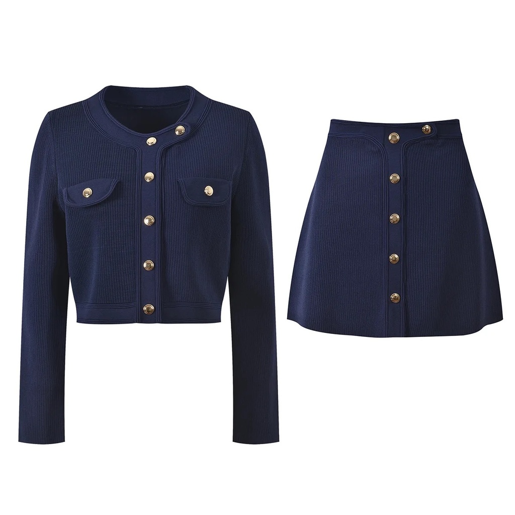 O-Neck Collar Long Sleeve Single-Breasted Cardigan & Mini Skirt (S)